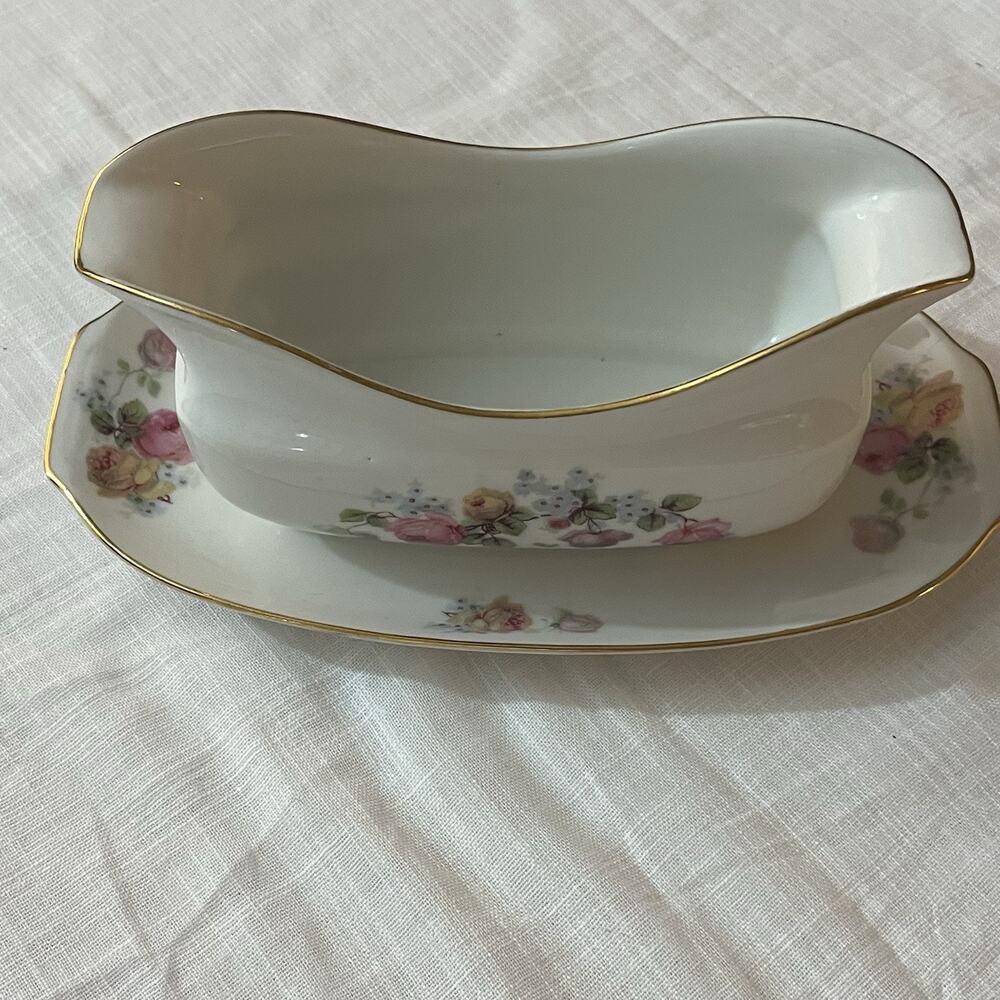 Epiag Czechoslovakia Gravy Boat with Attached Underplate Floral Pattern